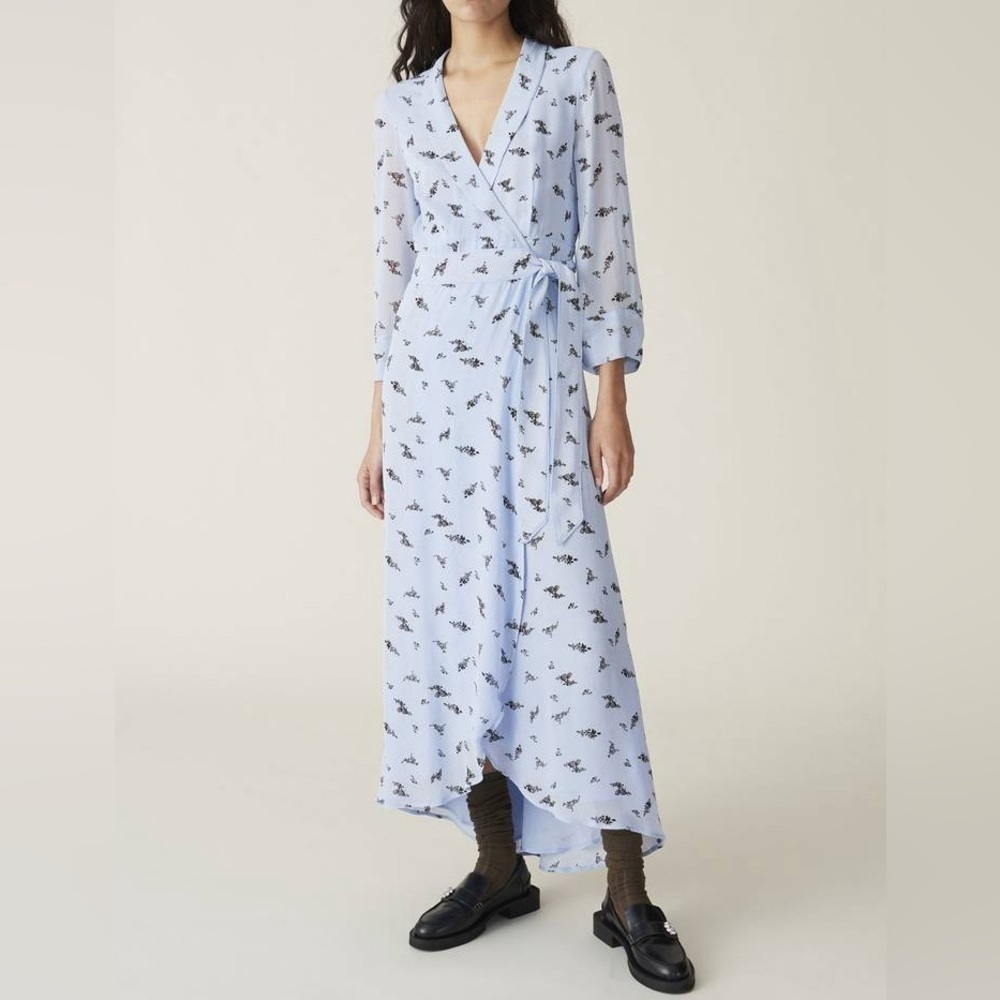 GANNI Floral Print Wrap Dress, Blue and Black Flowy Midi Dress, Size 38 EU/ 8 US